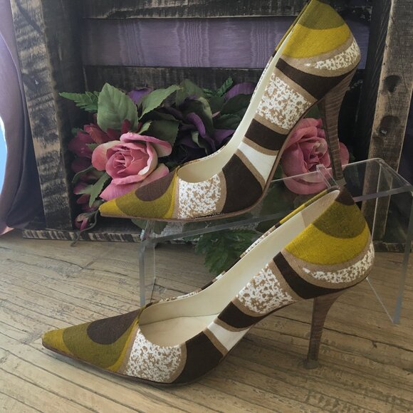 Miu Miu Gold Brown and Green Fabric High Heels Size 35 1/2 (but fit like size 6) - Picture 5 of 10